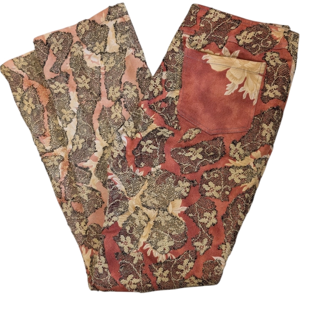 Foder Italy Designer Rust Color Floral Print Lace Women's Denim Pants Rare‎